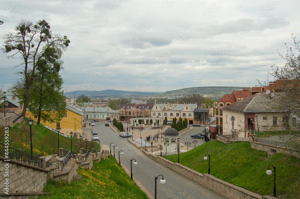 view of the city with a hill, view from the bridge on a cloudy day. Chernivtsi, view, landscape, bridge, street, beautiful landscape, cloudy day