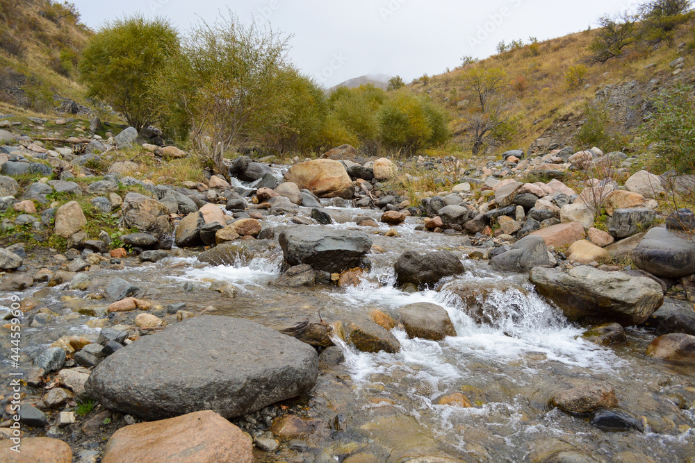 River flows. Fall. Overcast. Ile-Alatau mountains, Almaty region, Kazakhstan. River flows. Fall. Overcast. Ile-Alatau mountains, Almaty region, Kazakhstan.