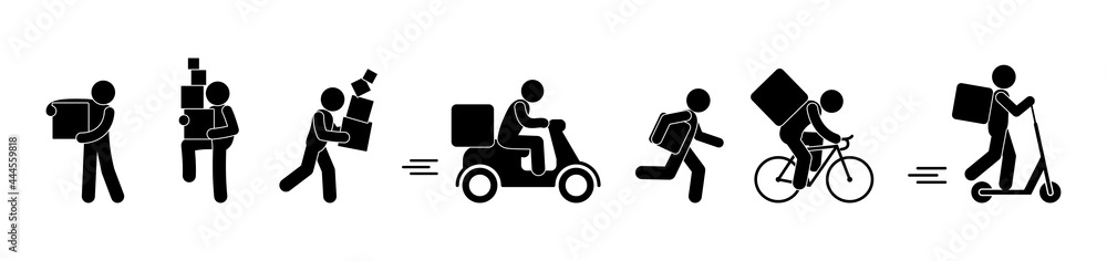 cargo transportation, parcel delivery, illustration of movers and couriers, stick figure man carries a box, food delivery icon
