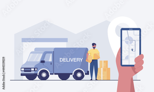 Delivery man shipment package boxes to receiver to home. Warehouse worker unloading goods from the van. Hand holding smartphone with delivery  truck . vector illustration.