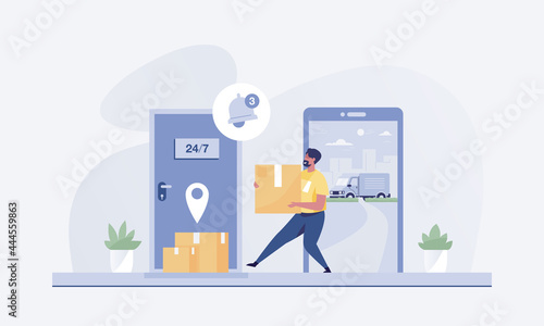 Courier delivering order to customer door. vector illustration