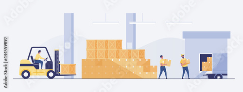 Warehouse Interior with Boxes On Rack And People Working. Logistic Delivery Service Concept. vector illustration