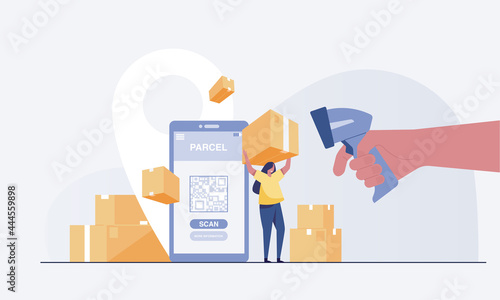 Loading workman chandheld barcode scanner and a woman holding a box. vector illustrationarrying box in truck. and  mobile app for tracking order delivery. vector illustration