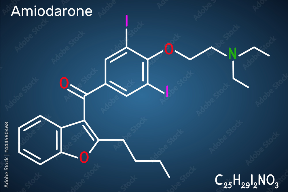 Amiodarone molecule. It is antiarrhythmic, vasodilatory, cardiovascular drug. Structural chemical formula on the dark blue background Amiodarone molecule. It is antiarrhythmic, vasodilatory, cardiovascular drug. Structural chemical formula on the dark blue background