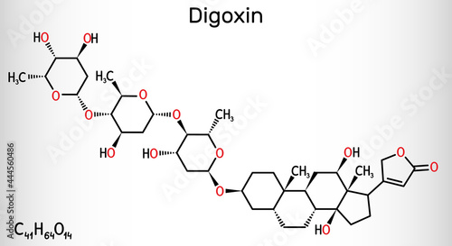 Digoxin, molecule. It is cardiac glycoside, cardiovascular medication, used to manage atrial fibrillation and symptoms of heart failure. Structural chemical formula, molecule model.