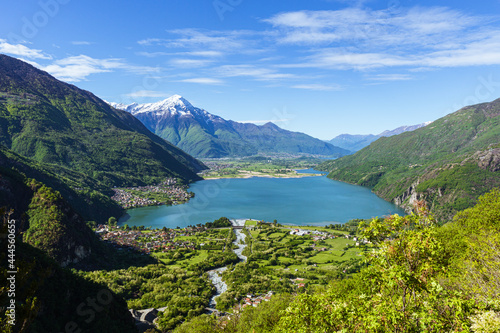 Mount Legnone and the Chiavenna valley during a sunny spring day near the town of Novate Mezzola, Italy - May 2021.