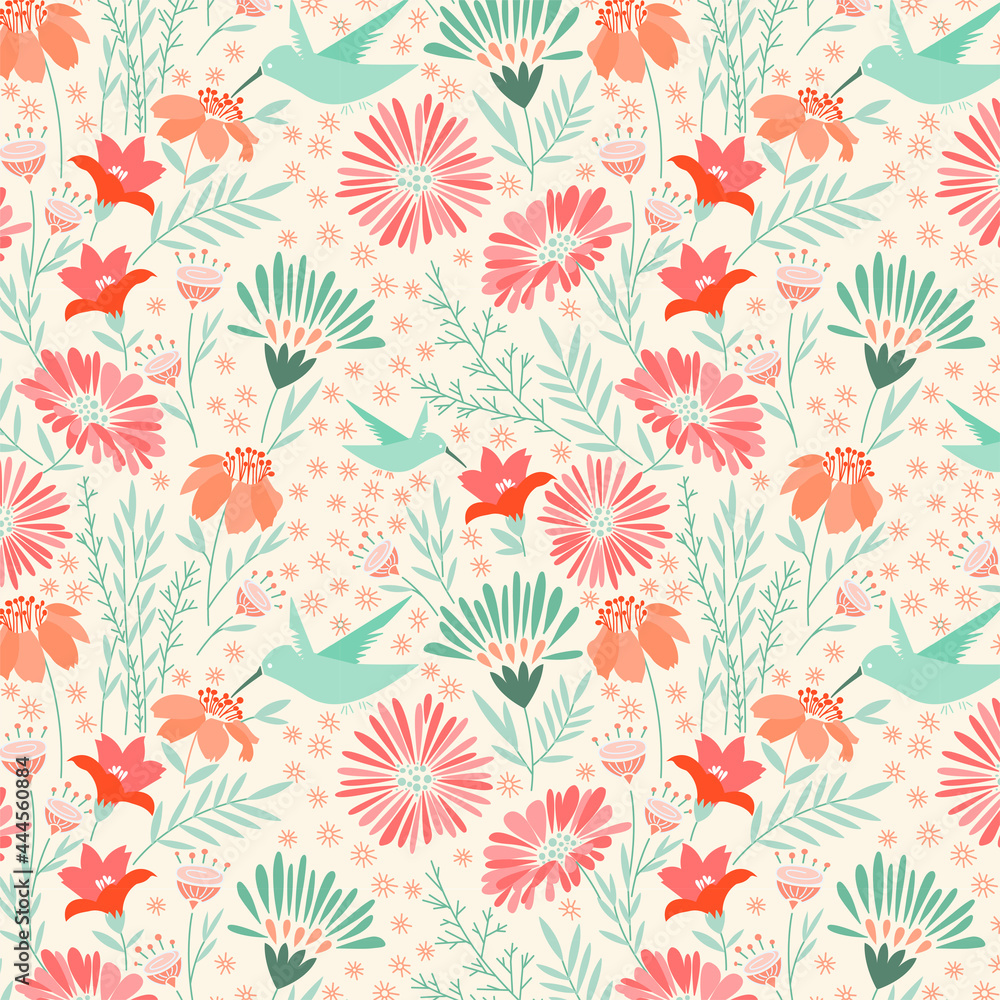 sunny summer birds and flowers pattern