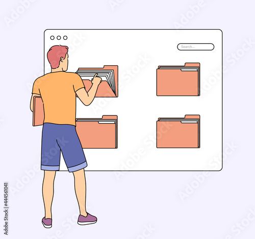 Digital personal files, online data storage, cloud computing. Young man characters searching for files in folder. User looking for files and information.