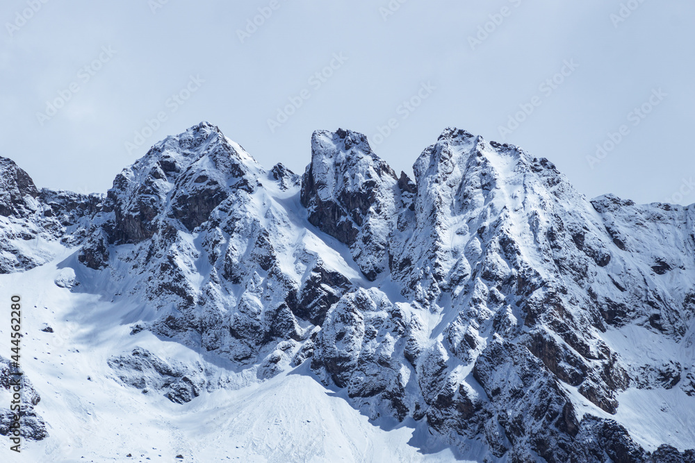 the snow-capped peaks of the italian alps during spring in valtellina, near the town of Chiavenna, Italy - May 2021