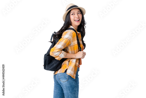 Φωτογραφία traveller adult attractive cheerful smiling asian female wear casual cloth with