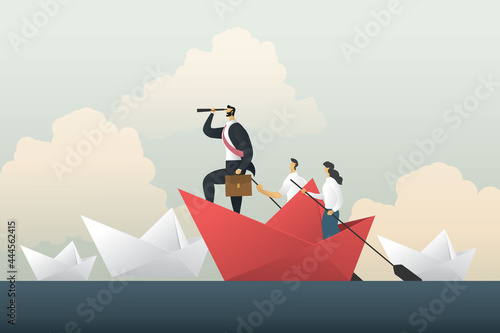 Businessman Leader looking through a telescope by two business people stands with a paddle floating on a paper boat on the sea.  illustration Vector