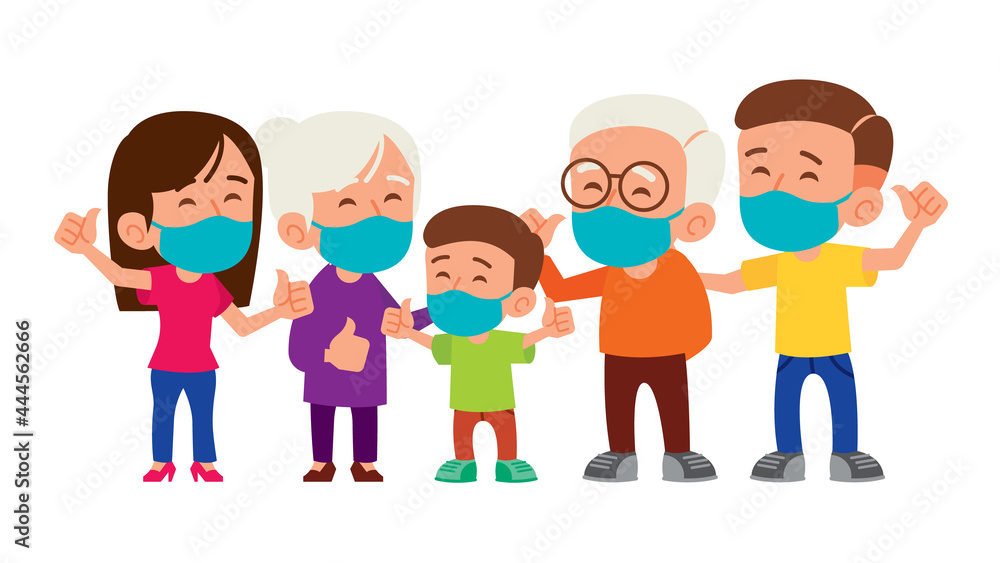 Family wearing medical face masks with good hand sign to prevent against virus and bacteria. Coronavirus global pandemic awareness Family wearing medical face masks with good hand sign to prevent against virus and bacteria. Coronavirus global pandemic awareness