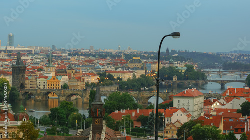 Sunset in Prague panorama, view to the bridges, old town and Vltava river.