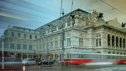 Opera house building, in Vienna, Austria, with traffic cars