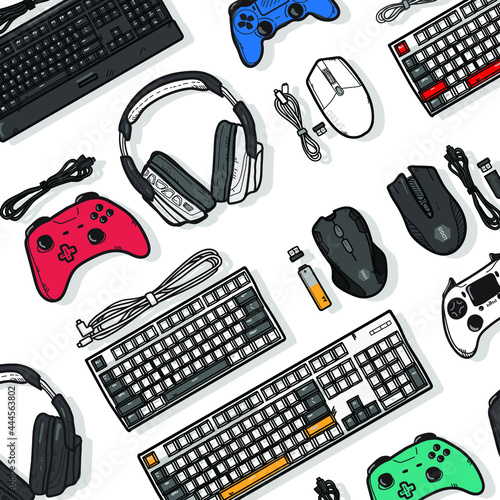 gamer work space concept, top view a gaming gear, mouse, keyboard, joystick, headset on white background