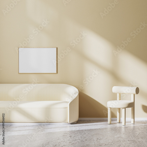 horizontal frame mock up in modern minimalistic design of living room with light beige armchair and sofa with sunbeams on wall  beige wall and concrete floor  3d rendering