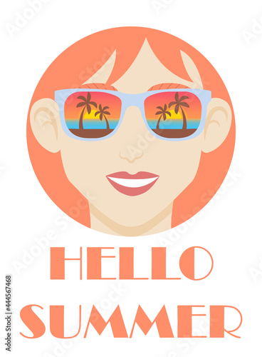 Portrait of a red-haired smiling girl in sun glasses. The lenses of the glasses reflect the beach with palm trees and the sea at sunset. The concept of summer vacation  tourism  travel. Vector