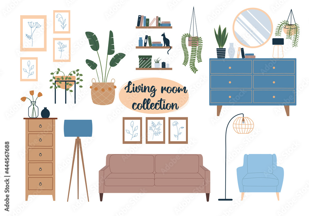 Living room interior with scandinavian furniture. Hand drawn trendy home decor. Sofa, armchair, drawer, shelves, lamps, paintings and various home decor. Cozy room set vector illustration
