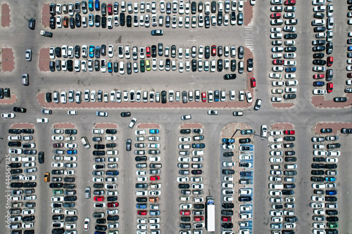 Car parking of a shopping center, top-down aerial shooting.