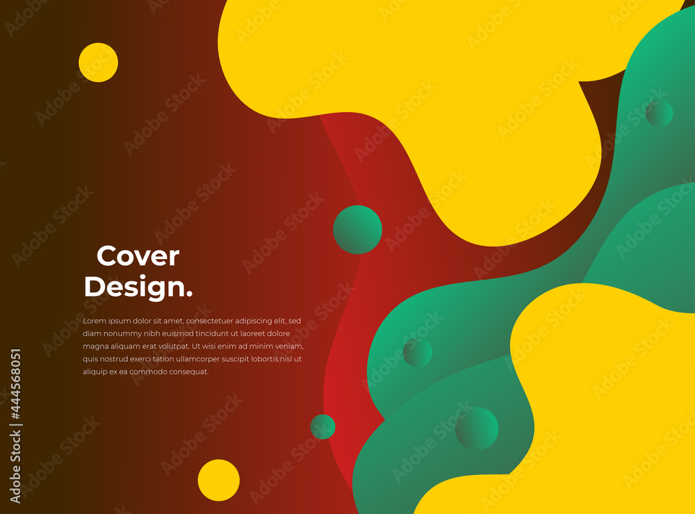 Liquid abstract background. Colorful vibrant fluid vector banner template for social media, web sites. Wavy shapes. Abstract 3D liquid fluid circles yellow mustard, green mint, red, blue color