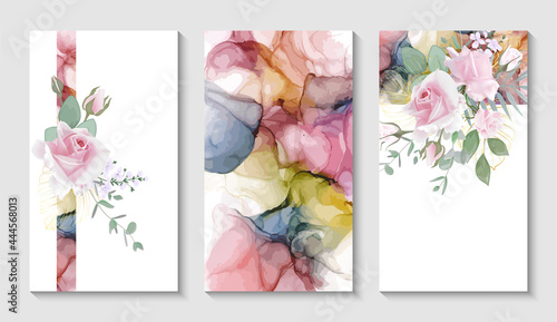 Modern creative design,  background marble texture,  rose flower.  Alcohol ink. Vector illustration.