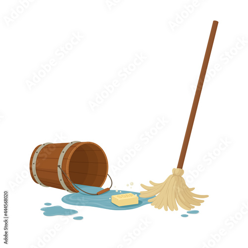 Mop with a wooden handle, soap in a puddle of water and an old bucket. Cleaning illustration. Cartoon style. Vector.