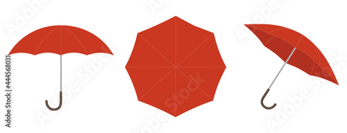 Open red umbrella from different angles. Autumn accessory isolated on white background. Rain protection