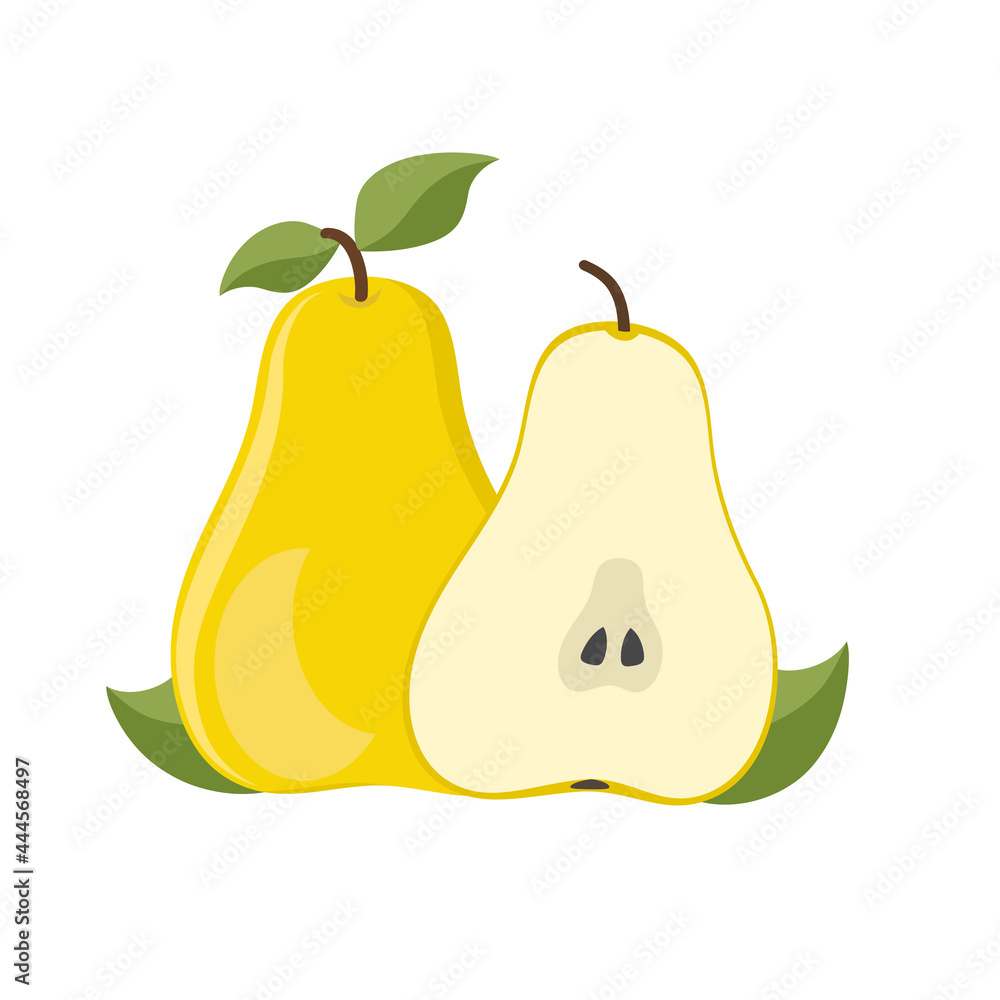 Sweet yellow pear and half with green leaves, cartoon style Sweet yellow pear and half with green leaves, cartoon style