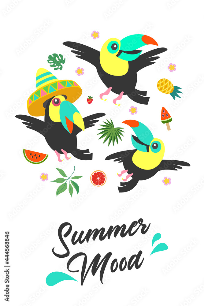 Summer mood. Bright summer vector illustration, postcard with funny toucans. Summer mood. Bright summer vector illustration, postcard with funny toucans.