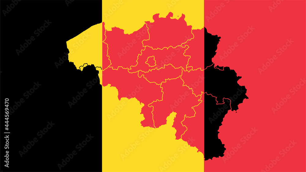 Fototapeta premium Belgium national flag with administrative regions map border inside, detailed multicolored graphic.