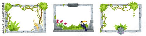Jungle stone game frame set, vector user interface menu panel collection, rock tile border, toucan. Tropical maya design UI elements, green liana, parrot, tiki mask, bushes. Brick game frames on white