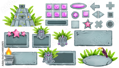 Stone UI game buttons vector collection, rock sign board set, tropical maya pyramid, tiki mask, toucan. Ancient Aztec frame, user interface assets, nature design elements. Cracked stone menu buttons