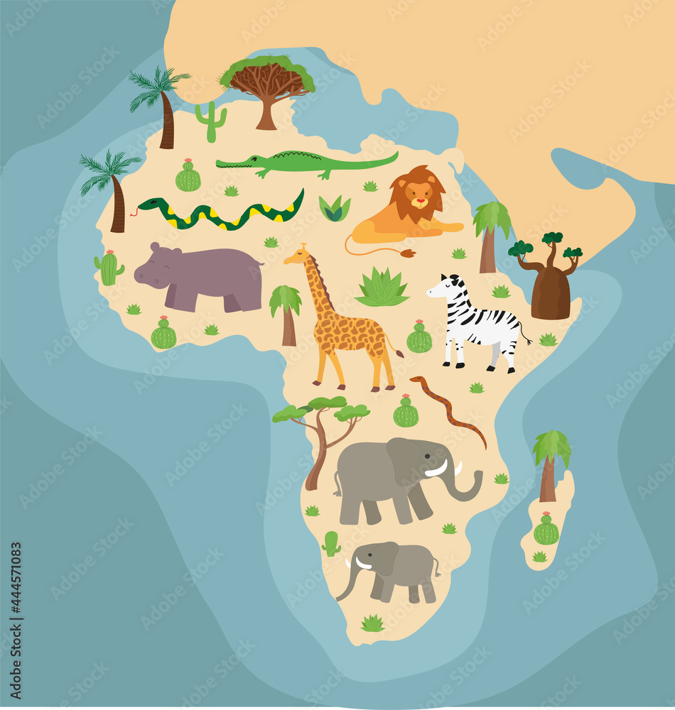 Naklejka premium Cartoon hand drawn illustrated map of Africa with endemc trees, plants and Madagascar island. dragon tree, palm tree, cactus on colored background