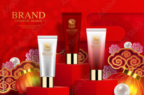 Cosmetic plastic tube ads on square podium and paper art Chinese new year red paper cut ,flower and asian elements with craft style on background.Cosmetic plastic tube ads on square podium and paper a