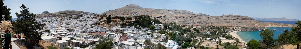 panoramic view from the city of Lindos in Rhodes near the sea, Greece