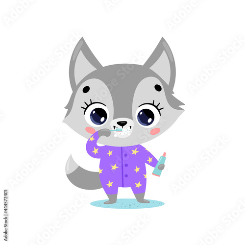 Vector flat doodle cute cartoon baby wolf brushing teeth. Animals brush their teeth.