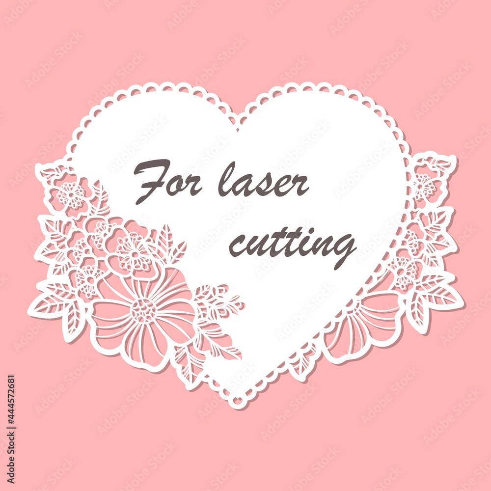 Laser cutting template. Lace heart with flowers. Vector