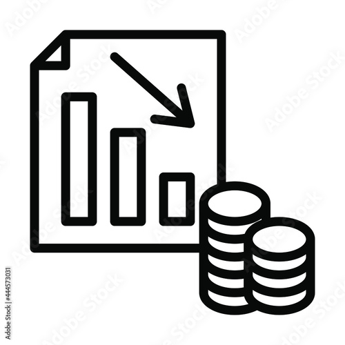 Finance productivity graph flat line icons set. Graph of decline with money sign. Dividends. Return on investment chart. Decrease in profit. Simple flat vector illustration for store, web site