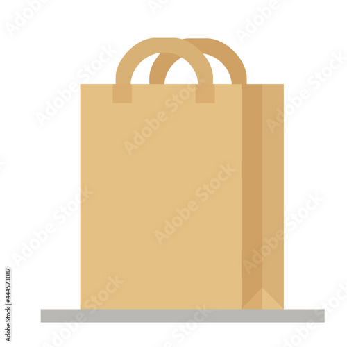 Brown paper bag on white background. Price tag. Shopping pocket vector illustration.
