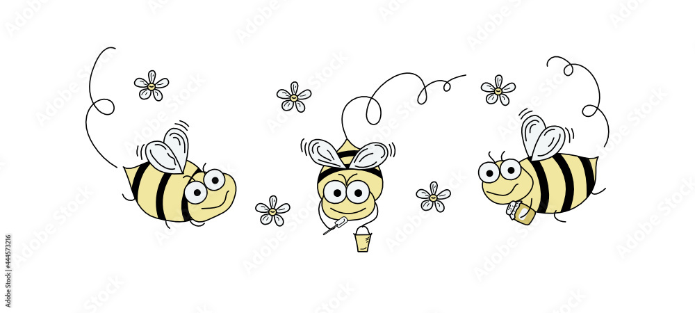 Cartoon bees. Doodle insect set. Bees fly with honey. Vector illustration, background isolated. Cartoon bees. Doodle insect set. Bees fly with honey. Vector illustration, background isolated.
