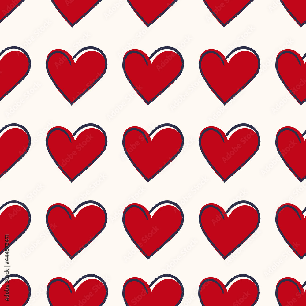 Red hearts with blue abstract outline seamless repeat pattern. Vector love sign all over surface print on ecru white background.