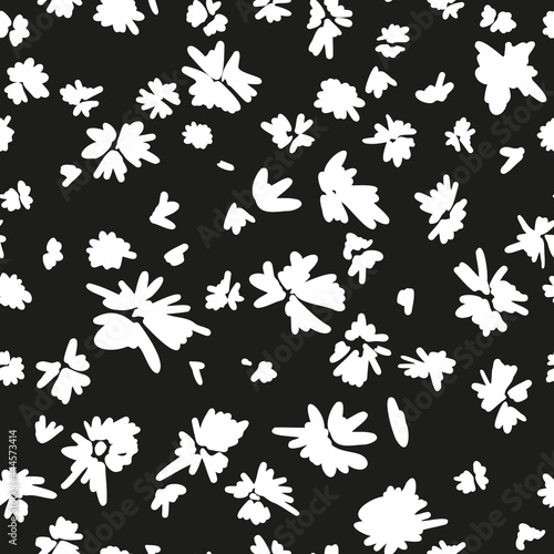 Abstract floral seamless repeat pattern. Random placed, vector botanical flowers all over surface print on black background.