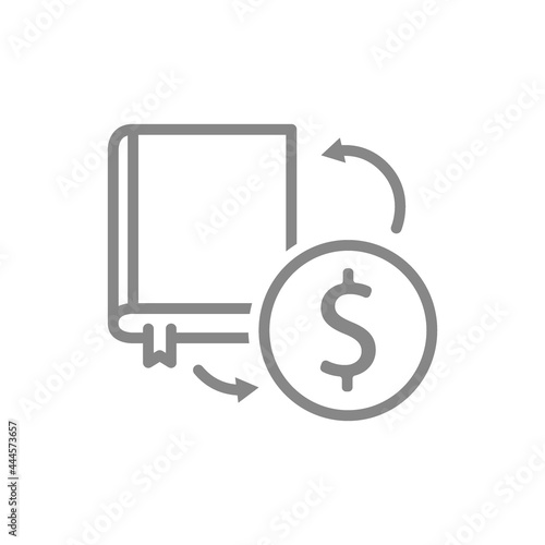 Sale of books line icon. Exchange of book for a coin, bookstore, online library symbol