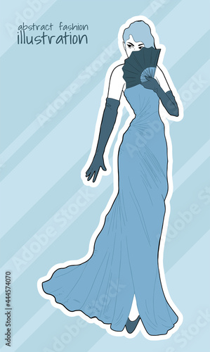 fashion retro illustration with woman in long dress and fan, blue colours