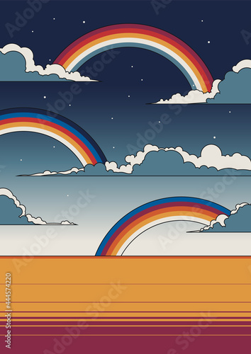 Psychedelic Art Landscape, Evening Sky, Clouds, Rainbows Illustration 