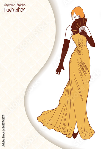 fashion retro illustration with woman in long dress and fan, yellow