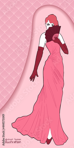 fashion retro illustration with woman in long dress and fan, rose colours