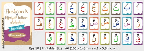 Dhommatain - Flashcards of Arabic letters or hijaiyah letters alphabet for children, A6 size flash card and ready to print, eps 10 vector template