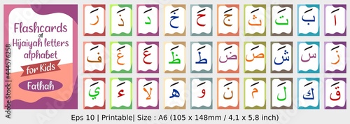 Fathah - Flashcards of Arabic letters or hijaiyah letters alphabet for children  A6 size flash card and ready to print  eps 10 vector template