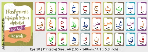 Kasroh - Flashcards of Arabic letters or hijaiyah letters alphabet for children, A6 size flash card and ready to print, eps 10 vector template